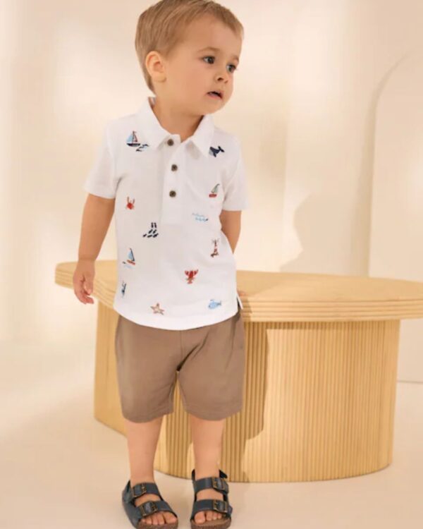 White All-Over-Embroidered Polo Shirt & Shorts Set