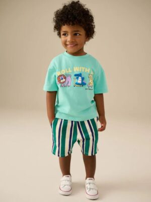 Mint Green Short Sleeve T-Shirt & Pattern Shorts Set