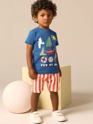 Blue Short Sleeve T-Shirt & Pattern Shorts Set