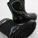 Black Colour Changing Dinosaur Handle Pull On Wellies