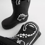 Black Colour Changing Dinosaur Handle Pull On Wellies
