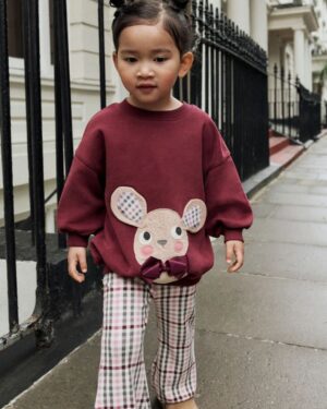 Burgundy Red Check Mouse Sweatshirt and Flare Leggings Set