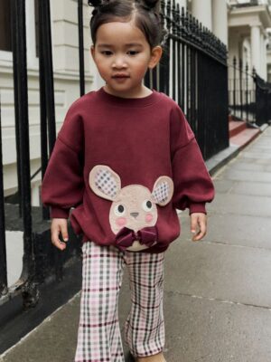 Burgundy Red Check Mouse Sweatshirt and Flare Leggings Set