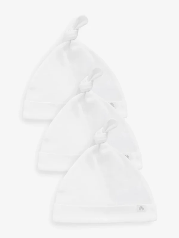 White 100% Cotton Tie Top Baby Hats 3 Pack