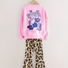 Pink/Animal Sweatshirt and Ribbed Flare Set