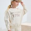 Ecru Slogan Sweatshirt And Wide Leg Joggers Set