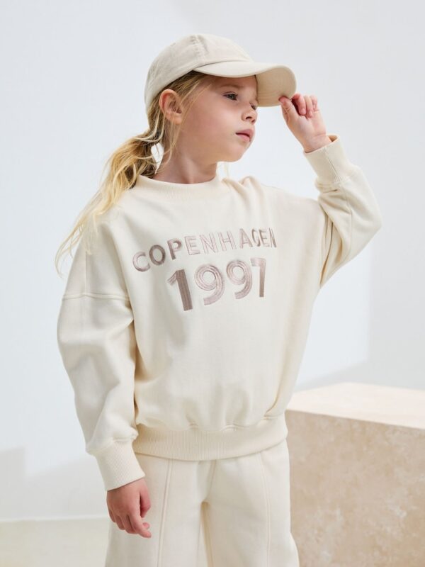 Ecru Slogan Sweatshirt And Wide Leg Joggers Set