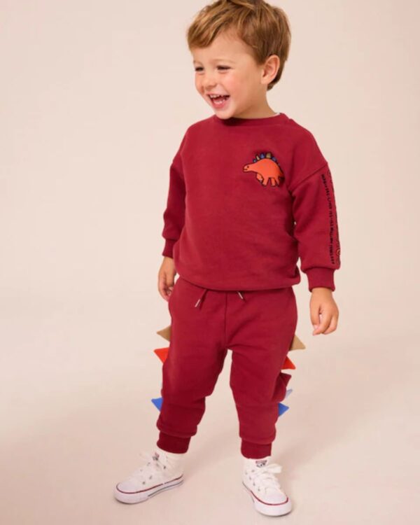 Burgundy Red Dinosaur Spikes Crew Sweatshirt And Joggers Set
