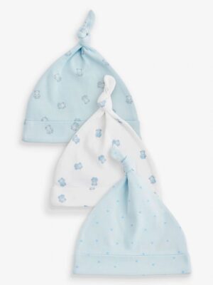 Blue/White Bear Baby Tie Top 100% Cotton Hats 3 Pack