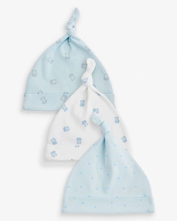 Blue/White Bear Baby Tie Top 100% Cotton Hats 3 Pack