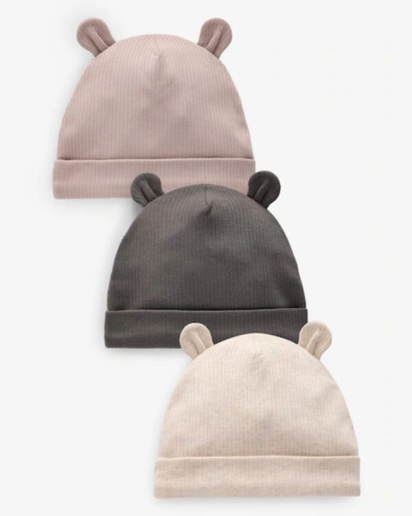 Black/White Bear Ear Beanie Baby Hats 3 Pack