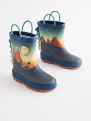 Navy Dinosaur Scene Handle Pull On Wellies