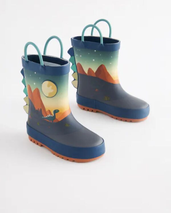 Navy Dinosaur Scene Handle Pull On Wellies