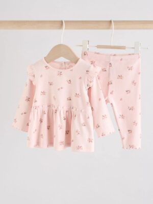 Pink Ditsy Long Sleeve Baby Frill Top And Leggings Set