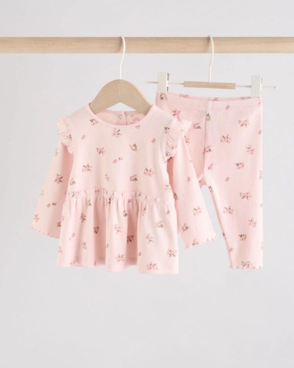 Pink Ditsy Long Sleeve Baby Frill Top And Leggings Set