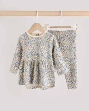 Blue Ditsy Floral Long Sleeve Baby Frill Top And Leggings Set