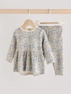 Blue Ditsy Floral Long Sleeve Baby Frill Top And Leggings Set