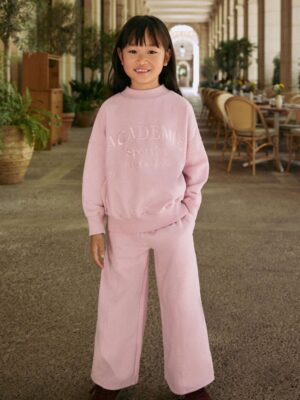 Pink Slogan Sweatshirt And Wide Leg Joggers Set