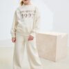 Ecru Slogan Sweatshirt And Wide Leg Joggers Set