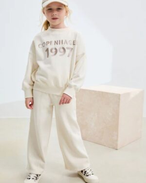 Ecru Slogan Sweatshirt And Wide Leg Joggers Set