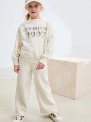 Ecru Slogan Sweatshirt And Wide Leg Joggers Set
