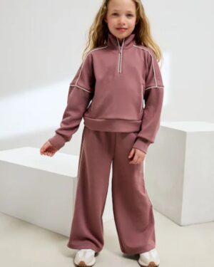 Rust Pink Supersoft Zip Neck Crew and Wide Leg Joggers Set