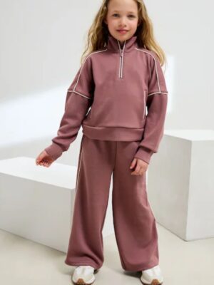 Rust Pink Supersoft Zip Neck Crew and Wide Leg Joggers Set