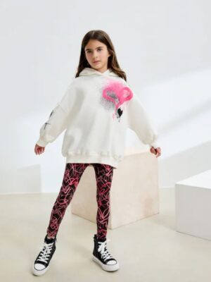 Ecru/Pink Graffiti Hoodie and Leggings Set