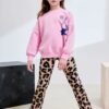 Pink/Animal Sweatshirt and Ribbed Flare Set