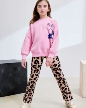 Pink/Animal Sweatshirt and Ribbed Flare Set