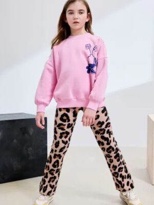 Pink/Animal Sweatshirt and Ribbed Flare Set