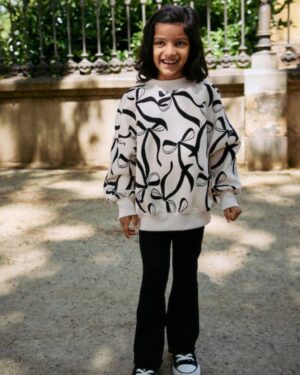 Cream Bow/Black Sweatshirt and Ribbed Flare Set