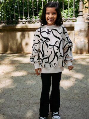 Cream Bow/Black Sweatshirt and Ribbed Flare Set