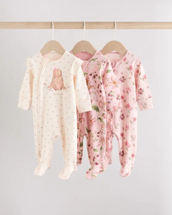 Pink Baby Two Way Zip Sleepsuits 3 Pack