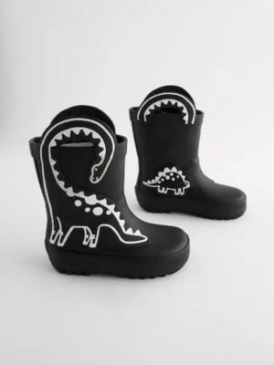 Black Colour Changing Dinosaur Handle Pull On Wellies