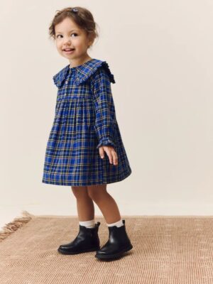Cobalt Blue Check Long Sleeve Collar Dress