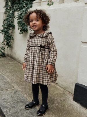 Neutral Check Long Sleeve Collar Dress