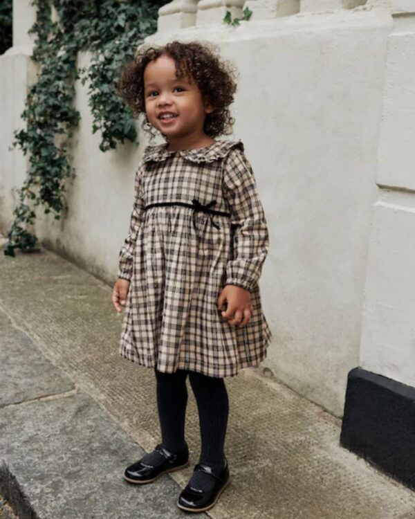 Neutral Check Long Sleeve Collar Dress
