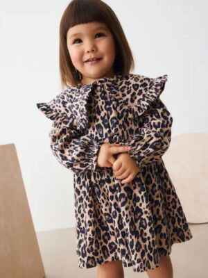 Leopard Print Long Sleeve Collared Dress