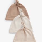 Neutral 100% Cotton Tie Top Baby Hats 3 Pack