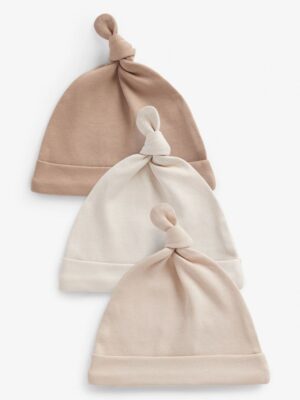 Neutral 100% Cotton Tie Top Baby Hats 3 Pack