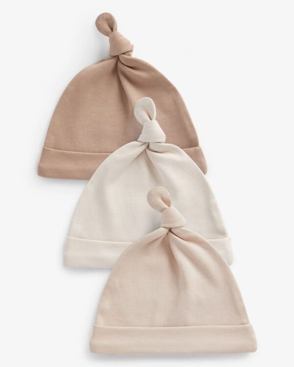 Neutral 100% Cotton Tie Top Baby Hats 3 Pack