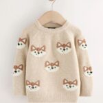 Neutral Fox Print Knitted Crew Neck Jumper