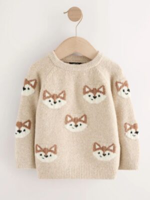 Neutral Fox Print Knitted Crew Neck Jumper