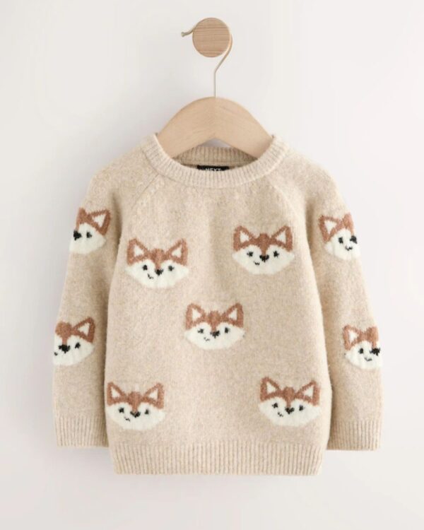 Neutral Fox Print Knitted Crew Neck Jumper