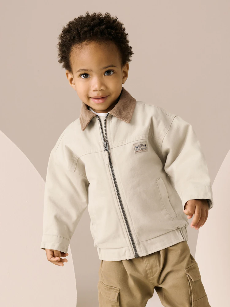 Cream/Brown Cord Collar Canvas Bomber Jacket