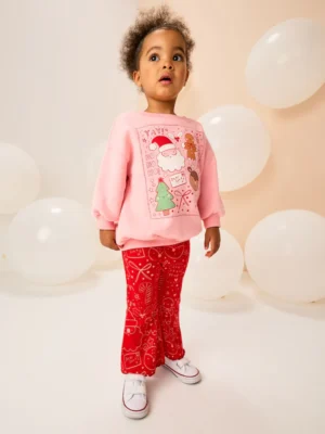 Pink/Red Christmas Sweatshirt and Flare Leggings Set