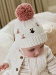 Pink/Cream Embroidered Bunny Character Pom Knitted Hat