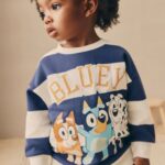 White/Blue Stripe Bluey Crew Neck Cotton Sweatshirt