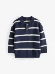 Navy Blue Long Sleeve Stripe Polo Shirt